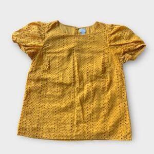 J.Crew Crop Short Puff Sleeve Eyelet Mustard Top Sz S Fall Versatile Office